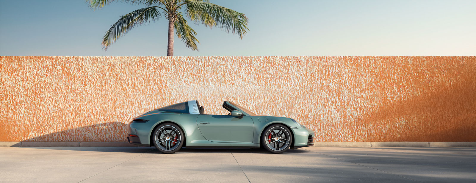 Der 911 Carrera 4s Targa in shadowgreenmetallic an einer Wand mit einer Palme im Hintergrund